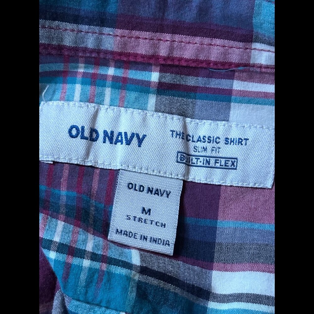 Old Navy Shirt Medium Blue Pink Check Plaid Short Sleeve Button Oxford Slim Fit - Picture 6 of 7